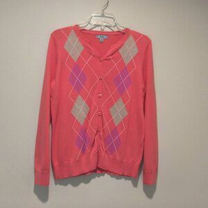 Izod  Long Sleeve  Button Down Pink Sweater  Diamond Pattern  100% Cotton Size M